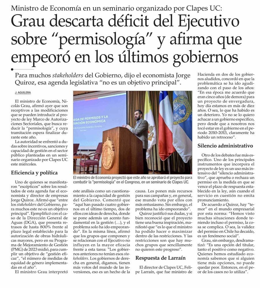 Grau descarta déficit del Ejecutivo sobre "permisología" y afirma que empeoró en los últimos gobiernos